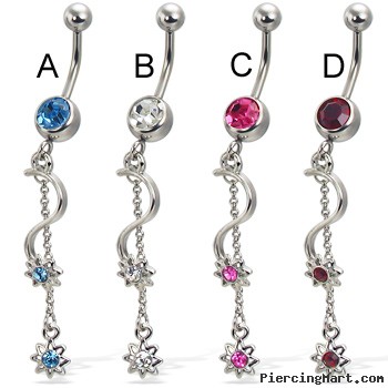 Belly button ring with small jeweled stars on wine and chain