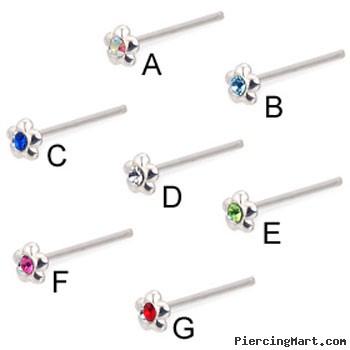 Sterling silver nose stud with jeweled flower, long tail for custom bend! 20 ga