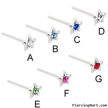 Sterling silver nose stud with jeweled star, long tail for custom bend! 20 ga