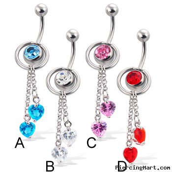 Belly button ring with ring and two dangling heart-shaped stones