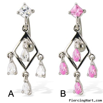 Belly button ring with square stone and dangling teardrops on a diamond-shaped frame