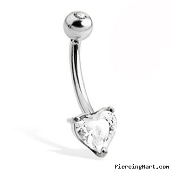 14K White Gold Belly Button Ring with Heart-Shaped Stone And Jeweled Top Ball