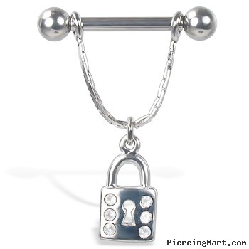 Nipple ring with jeweled dangling lock, 12, 14, or 16 ga