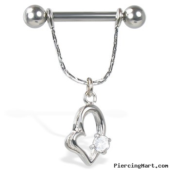 Nipple ring with jewel on dangling asymmetric heart, 12, 14, or 16 ga