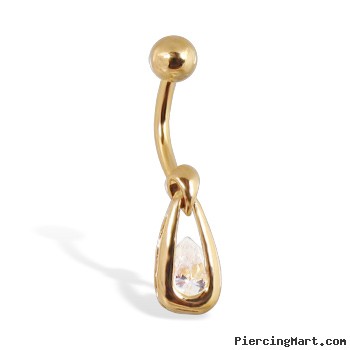 Gold Tone belly button ring with teardrop gem in a frame
