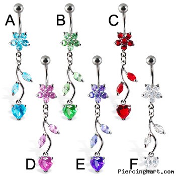 Belly button ring with flower and heart on a vine