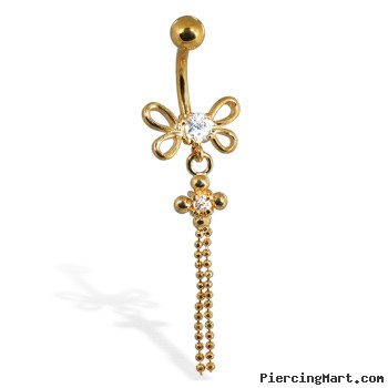 Gold Tone navel ring with dragonfly and dangles