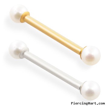 14K Gold Straight Barbell With Round White Akoya Pearls