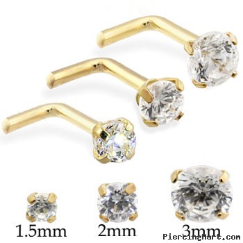 14K Gold L-Shaped Nose Stud With Round CZ