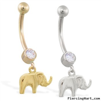 14K Gold belly ring with dangling elephant charm