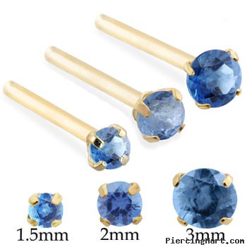 14K Gold Long customizable Nose Stud with Round Blue Zircon