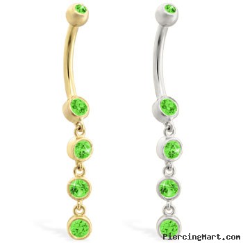 14K Gold belly ring with quadruple Peridot dangle