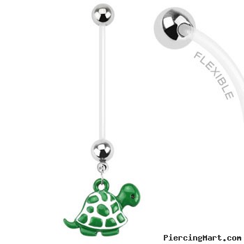 Long flexible bioplast pregnancy belly ring with dangling turtle