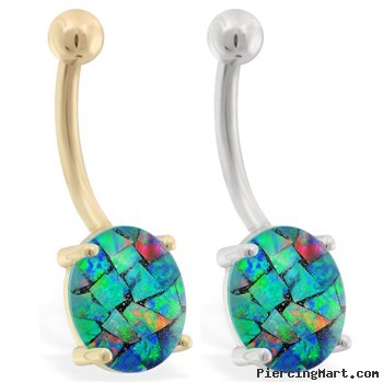 14K Gold Belly Ring with Opal Mosaic Triplet Stone