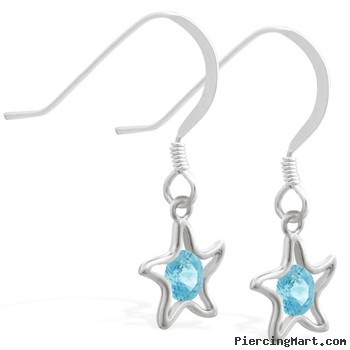 Sterling Silver Earrings with dangling Aquamarinejeweled star