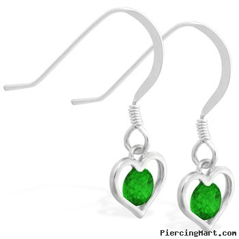 Sterling Silver Earrings with small dangling Emerald jeweled heart