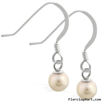 Sterling Silver Earrings with dangling 6mm Round White Akoya, Grade AA pearl