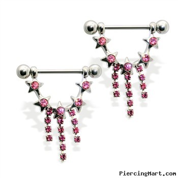 Pair of nipple barbells with jeweled star dangle, 14 ga