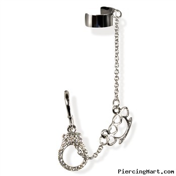 Ear stud with dangling hand cuff's and brass knuckles  on chain with Cuff