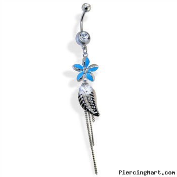 Steel Epoxy Flower with Leaf and CZ Dangle Navel Ring, Turquoise