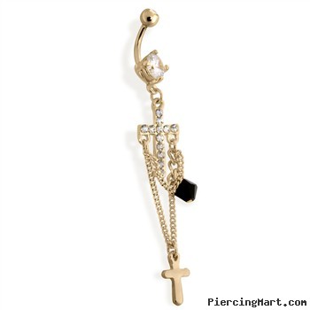14Kt Gold Tone Navel Ring with Multi Paved Cross with Chains And Single Bead Dangle - Clear