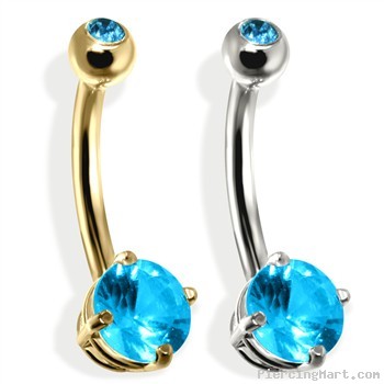 14K Gold Double Jeweled Belly Ring, Aquamarine