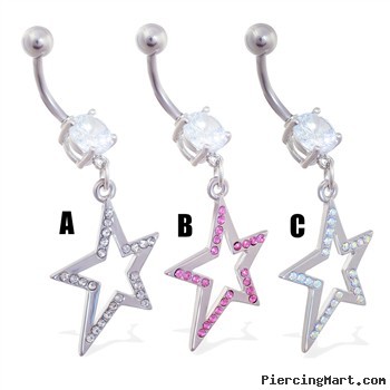 Belly ring with dangling jeweled crooked star