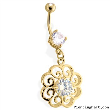 14Kt Golde Plated Flower Navel Ring with Single CZ Stone In Center