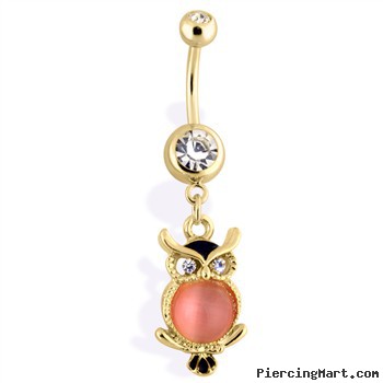 14Kt Gold Tone Owl Navel Ring With Cat's Eye