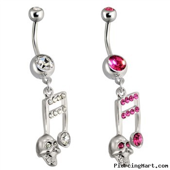 Steel Cz Paved Music Note Belly Ring with Skull