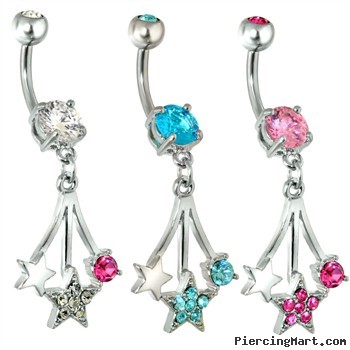 Steel Falling Stars Navel Ring with Gems
