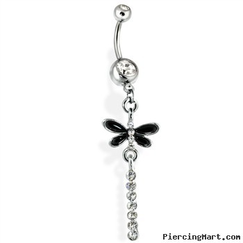 Belly Ring with Dangling Black Dragonfly