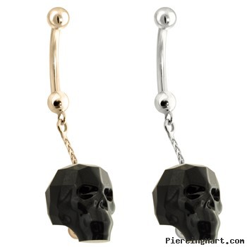 14K Gold Belly Ring with a dangle Chain and Black Skull