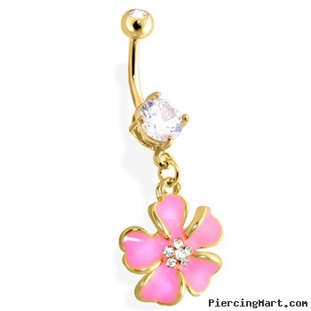 Gold Tone Belly Ring with Dangling Pink Flower