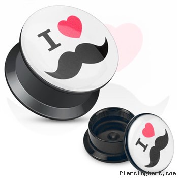 Pair Of "I Love Mustache" Print Black Acrylic Flat Screw Fit Plugs