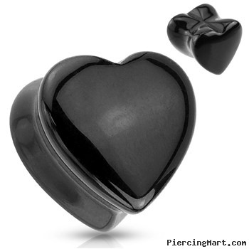 Pair Of Heart Shaped Black Onyx Natural Stone Saddle Plugs