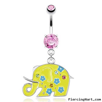 Decorative Elephant with Yellow Enamel Plating Dangle Surgical Steel Navel Ring