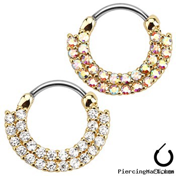 Double Line Round Paved Gems Gold Toned Surgical Steel Septum Clicker