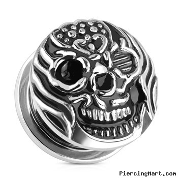 Pair Of Fire Skull Surgical Steel Screw Fit Plugs