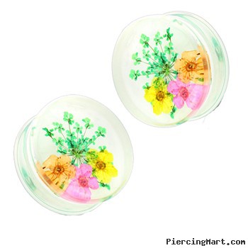 Pair Of Green Dried Flower Clear Acrylic Saddle Fit Plugs