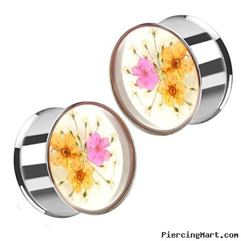 Pair Of Pink & Orange Dried Flower Clear Acrylic Double Flared Stainless Steel Plugs