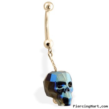 14K Yellow Gold Belly Ring with Dangling Rainbow Skull