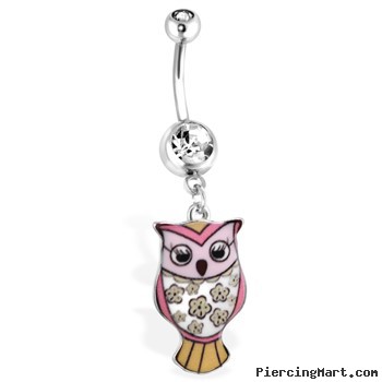 Pink Owl Navel Ring With Floral Pattern,14 Ga