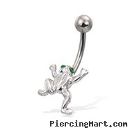 Frog belly button ring with green jeweled eyes