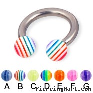Titanium circular barbell with acrylic layered balls, 10 ga