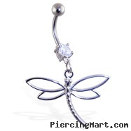 Navel ring with dangling steel dragonfly with hollow wings