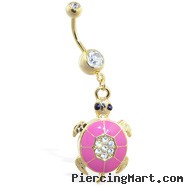 Gold Tone navel ring with dangling pink jeweled turtle