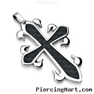 316L Stainless Steel Pendant. Black Carbon Fiber Celtic Cross.