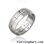 Mens 316L Cross Carved Surgical Steel Ring