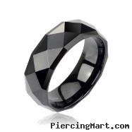 Black faceted tungsten carbine ring with drop down edges